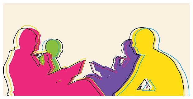 Bunte Zeichnung von vier Menschen im Gespräch