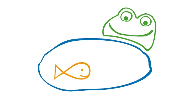 Logo der KITA Am See: Zeichnung eines Frosches und eines Fisches im See