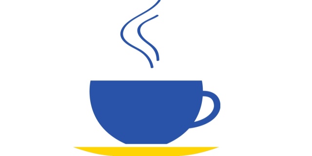 Zeichnung einer blauen Kaffeetasse mit gelber Untertasse