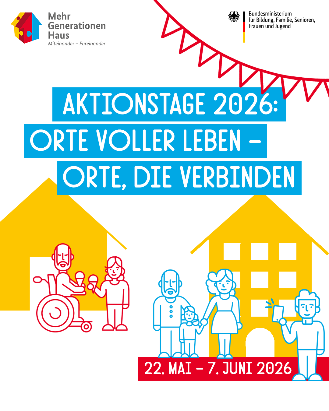 Zeichnung von Menschen vor Häusern