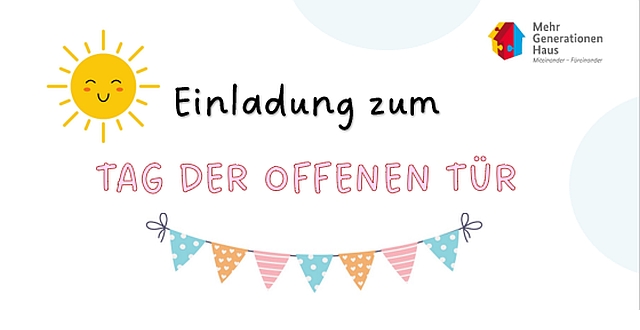 Schriftzug Tage der offenen Tür mit Sonne und Fähnchen